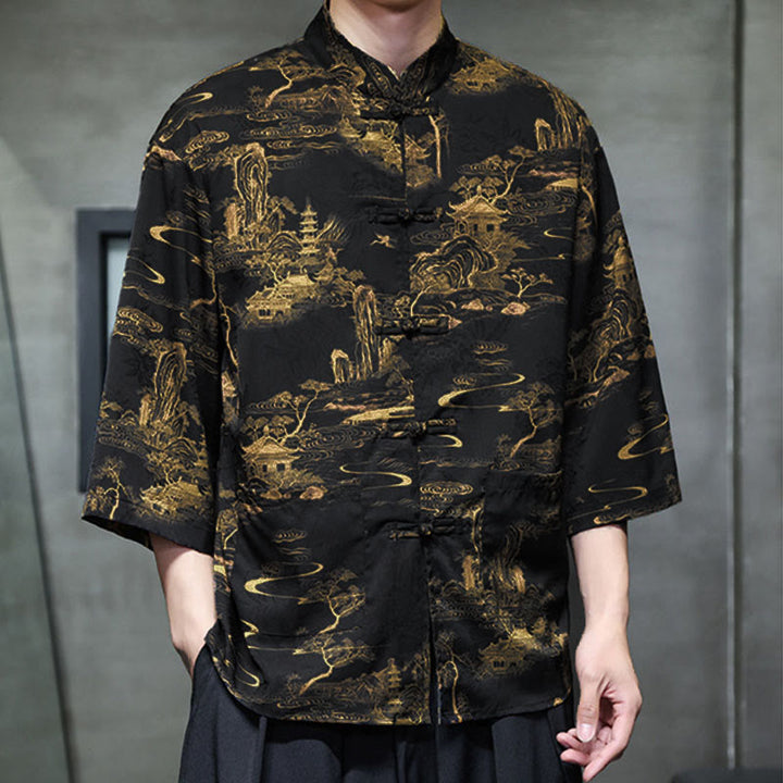 Buddha Stones、春蛙ボタン、龍山花柄、七分袖唐装メンズシャツ（ポケット付き） - image 37