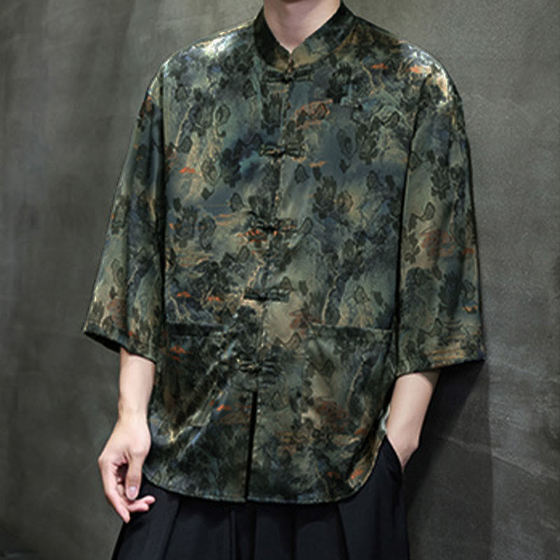 Buddha Stones 春のカエルボタン龍山花七分袖唐装メンズシャツポケット付き - image 57