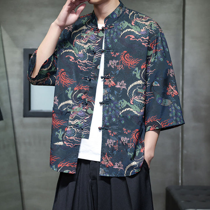 Buddha Stones 春のカエルボタン龍山花七分袖唐装メンズシャツポケット付き - image 20