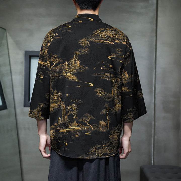 Buddha Stones、春蛙ボタン、龍山花柄、七分袖唐装メンズシャツ（ポケット付き） - image 31