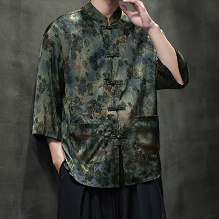 Buddha Stones、春蛙ボタン、龍山花柄、七分袖唐装メンズシャツ（ポケット付き） - image 55