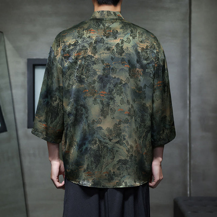 Buddha Stones、春蛙ボタン、龍山花柄、七分袖唐装メンズシャツ（ポケット付き） - image 52