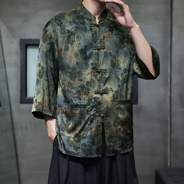 Buddha Stones、春蛙ボタン、龍山花柄、七分袖唐装メンズシャツ（ポケット付き） - image 56