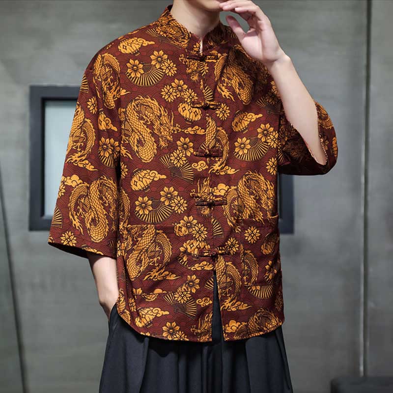 Buddha Stones、春蛙ボタン、龍山花柄、七分袖唐装メンズシャツ（ポケット付き） - image 1