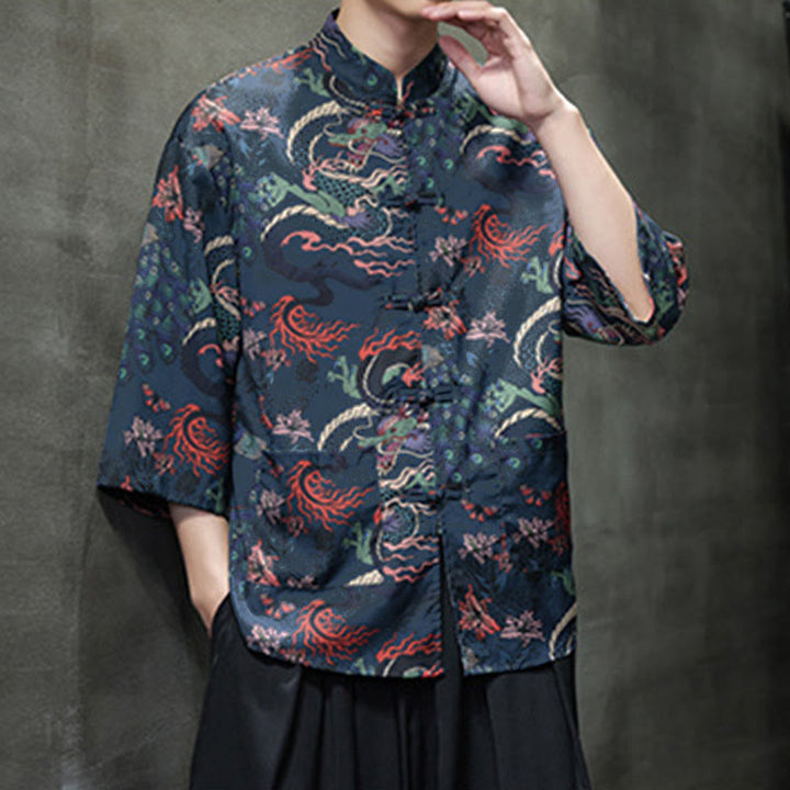 Buddha Stones 春のカエルボタン龍山花七分袖唐装メンズシャツポケット付き - image 24