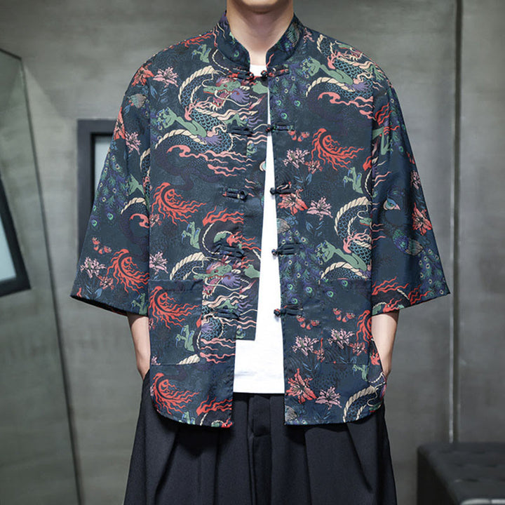 Buddha Stones、春蛙ボタン、龍山花柄、七分袖唐装メンズシャツ（ポケット付き） - image 21