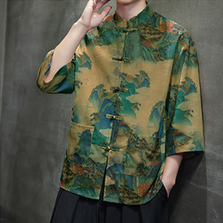Buddha Stones 春のカエルボタン龍山花七分袖唐装メンズシャツポケット付き - image 42