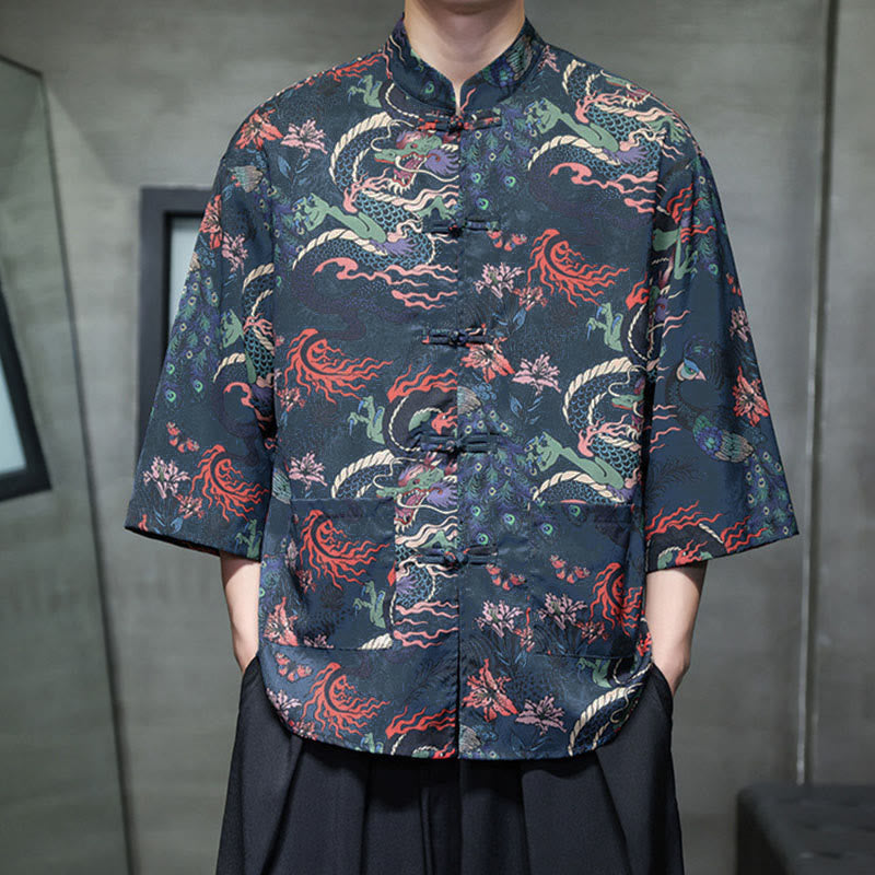 Buddha Stones、春蛙ボタン、龍山花柄、七分袖唐装メンズシャツ（ポケット付き） - image 26