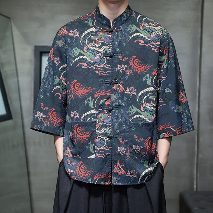 Buddha Stones、春蛙ボタン、龍山花柄、七分袖唐装メンズシャツ（ポケット付き） - image 26
