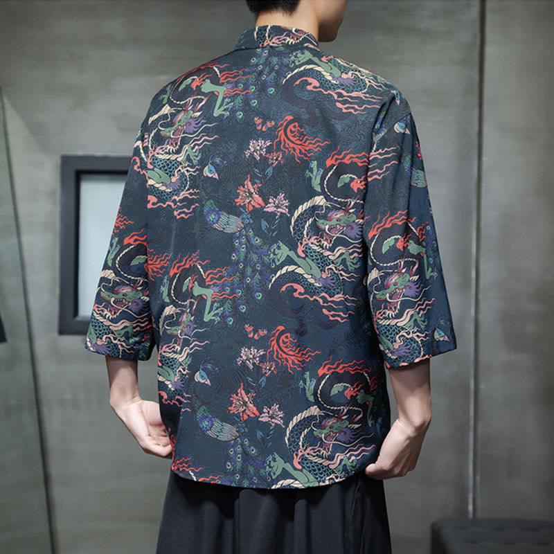 Buddha Stones、春蛙ボタン、龍山花柄、七分袖唐装メンズシャツ（ポケット付き） - image 23