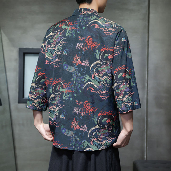 Buddha Stones、春蛙ボタン、龍山花柄、七分袖唐装メンズシャツ（ポケット付き） - image 23