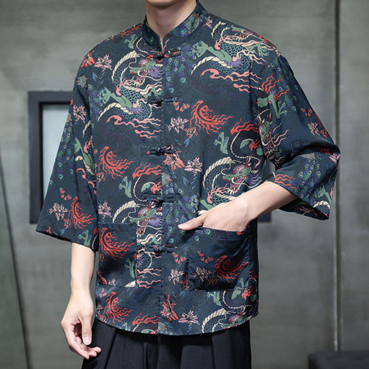 Buddha Stones、春蛙ボタン、龍山花柄、七分袖唐装メンズシャツ（ポケット付き） - image 25