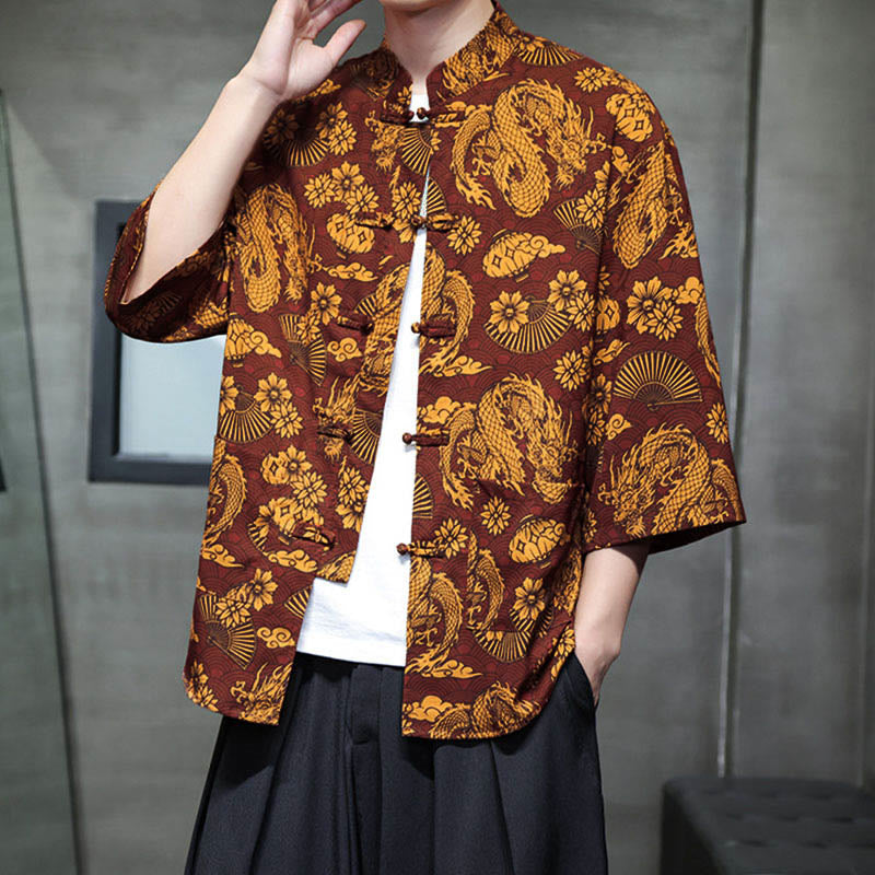 Buddha Stones 春のカエルボタン龍山花七分袖唐装メンズシャツポケット付き - image 3