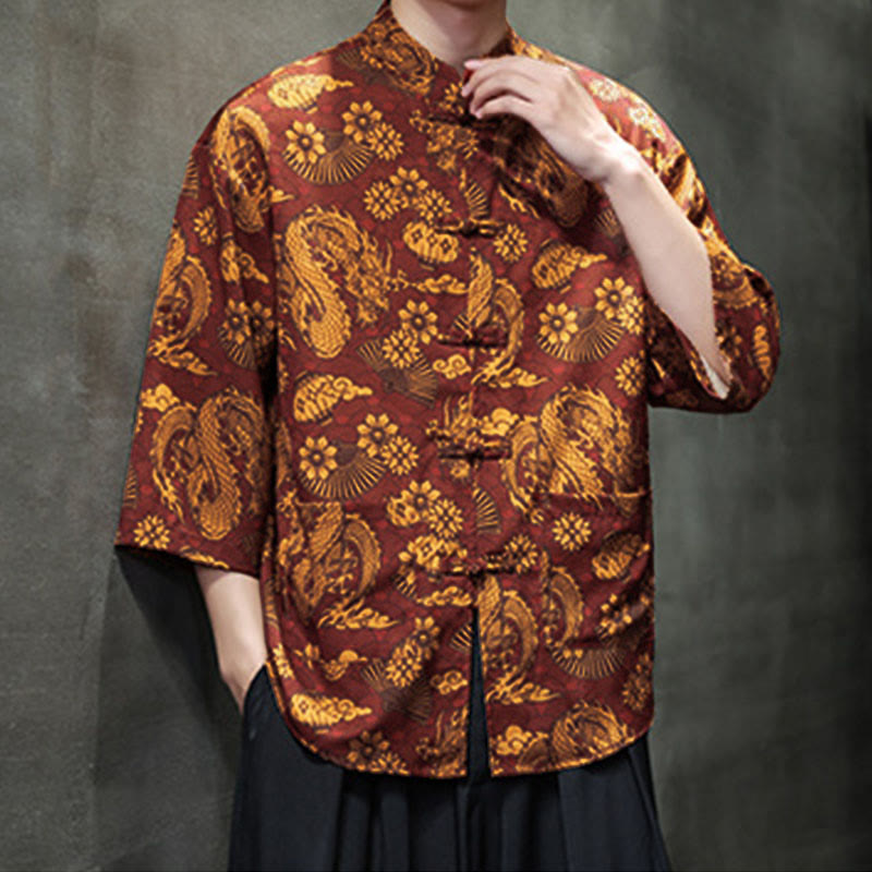 Buddha Stones 春のカエルボタン龍山花七分袖唐装メンズシャツポケット付き - image 6