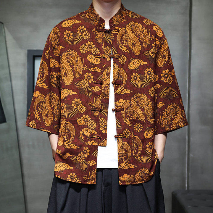 Buddha Stones、春蛙ボタン、龍山花柄、七分袖唐装メンズシャツ（ポケット付き） - image 9