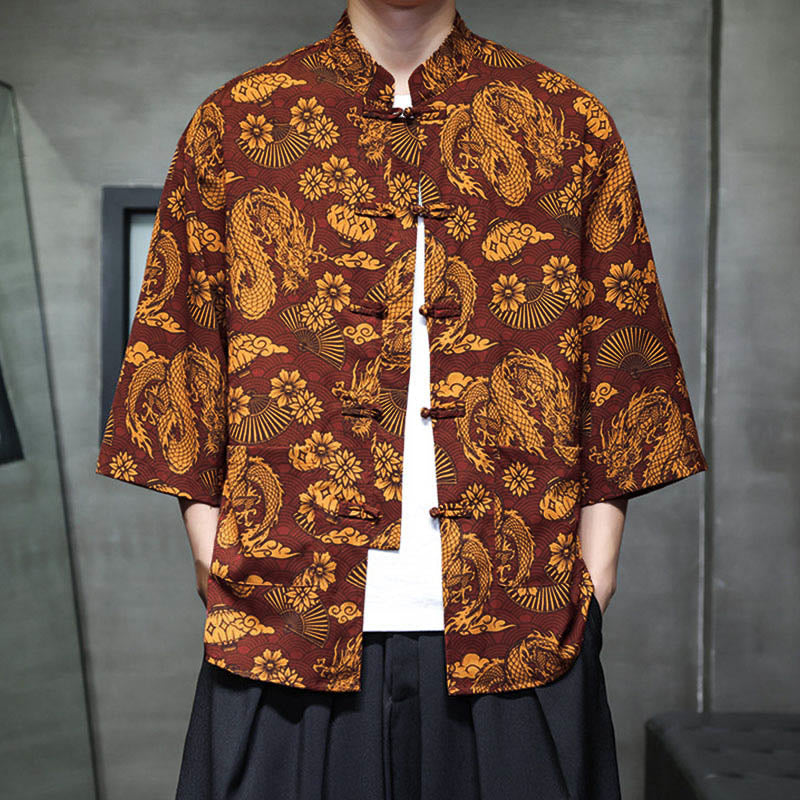Buddha Stones、春蛙ボタン、龍山花柄、七分袖唐装メンズシャツ（ポケット付き） - image 9