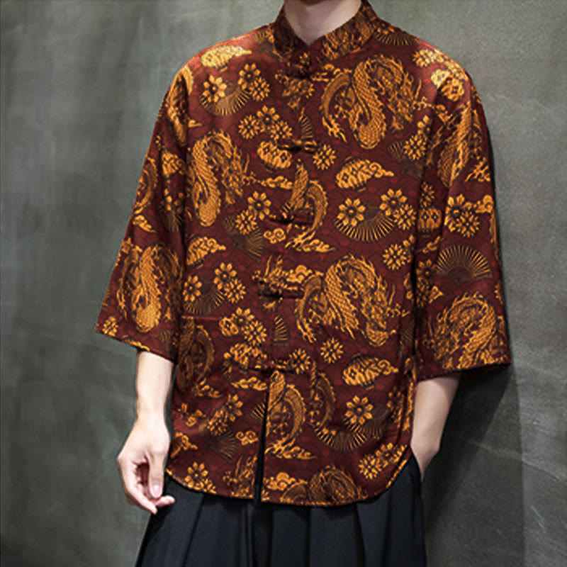 Buddha Stones 春のカエルボタン龍山花七分袖唐装メンズシャツポケット付き - image 2