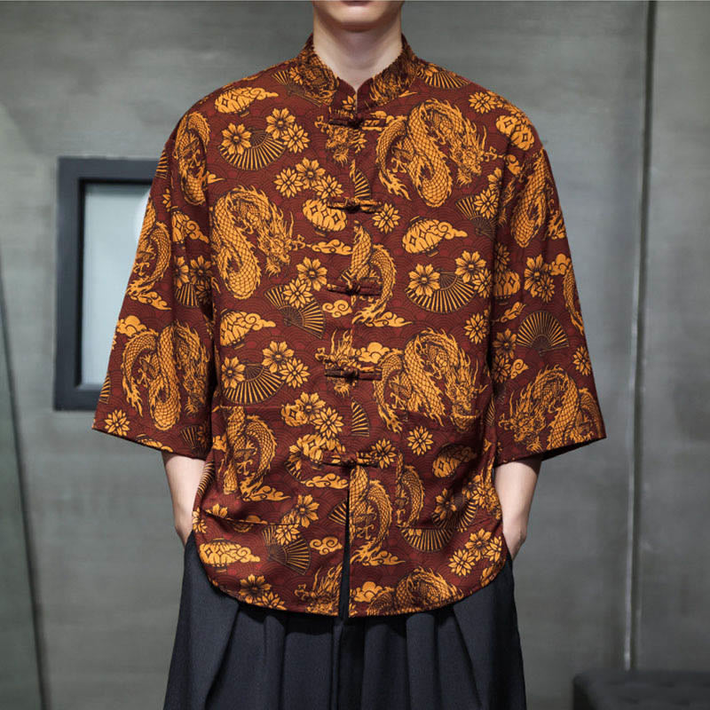 Buddha Stones、春蛙ボタン、龍山花柄、七分袖唐装メンズシャツ（ポケット付き） - image 5