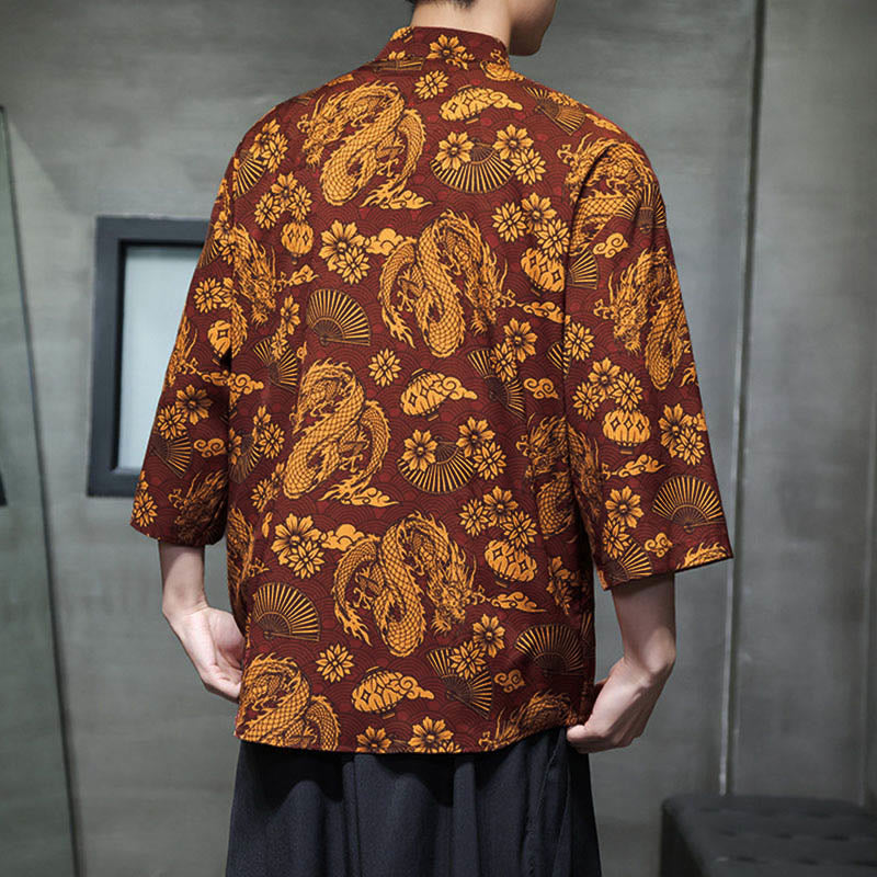 Buddha Stones、春蛙ボタン、龍山花柄、七分袖唐装メンズシャツ（ポケット付き） - image 4