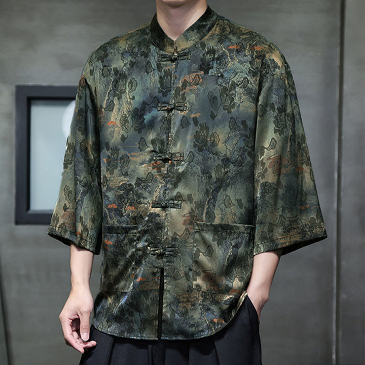 Buddha Stones、春蛙ボタン、龍山花柄、七分袖唐装メンズシャツ（ポケット付き） - image 51