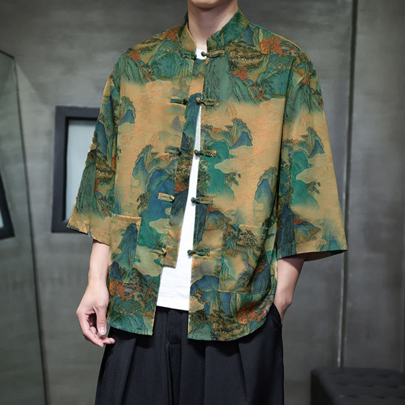 Buddha Stones、春蛙ボタン、龍山花柄、七分袖唐装メンズシャツ（ポケット付き） - image 41
