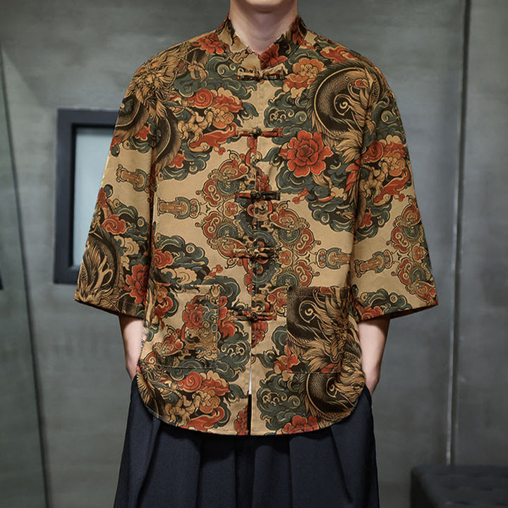 Buddha Stones、春蛙ボタン、龍山花柄、七分袖唐装メンズシャツ（ポケット付き） - image 16