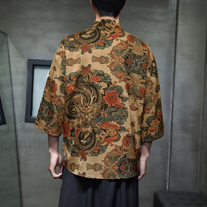 Buddha Stones、春蛙ボタン、龍山花柄、七分袖唐装メンズシャツ（ポケット付き） - image 13