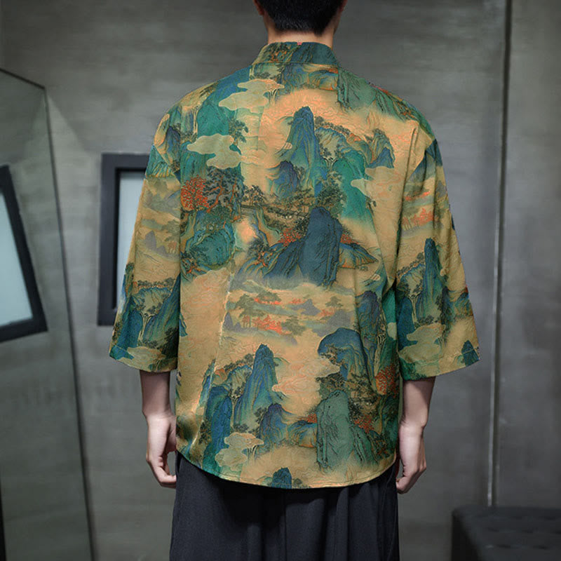 Buddha Stones、春蛙ボタン、龍山花柄、七分袖唐装メンズシャツ（ポケット付き） - image 45