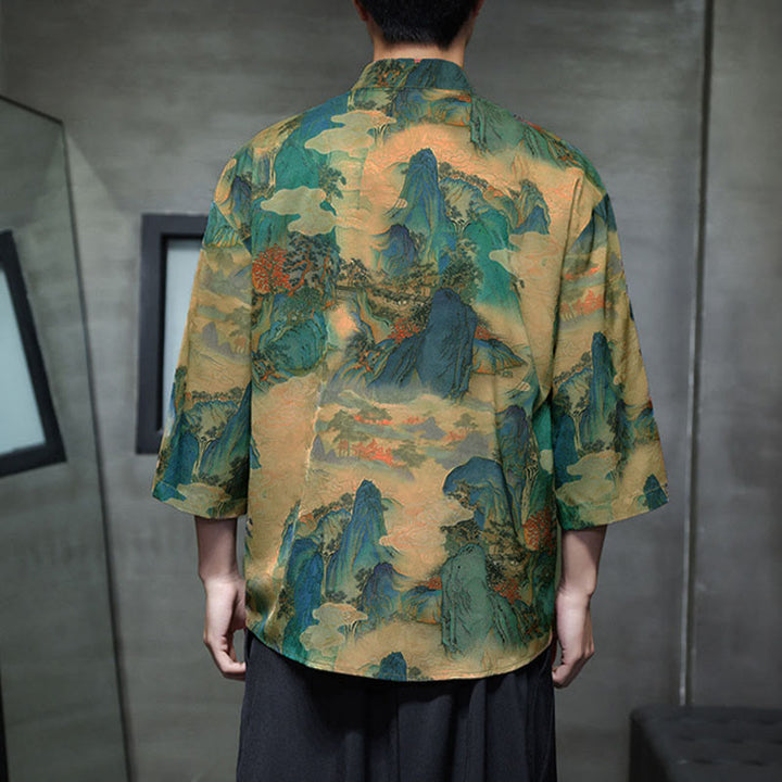 Buddha Stones、春蛙ボタン、龍山花柄、七分袖唐装メンズシャツ（ポケット付き） - image 45