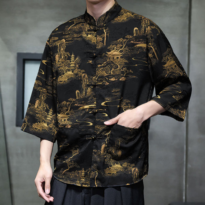 Buddha Stones、春蛙ボタン、龍山花柄、七分袖唐装メンズシャツ（ポケット付き） - image 35