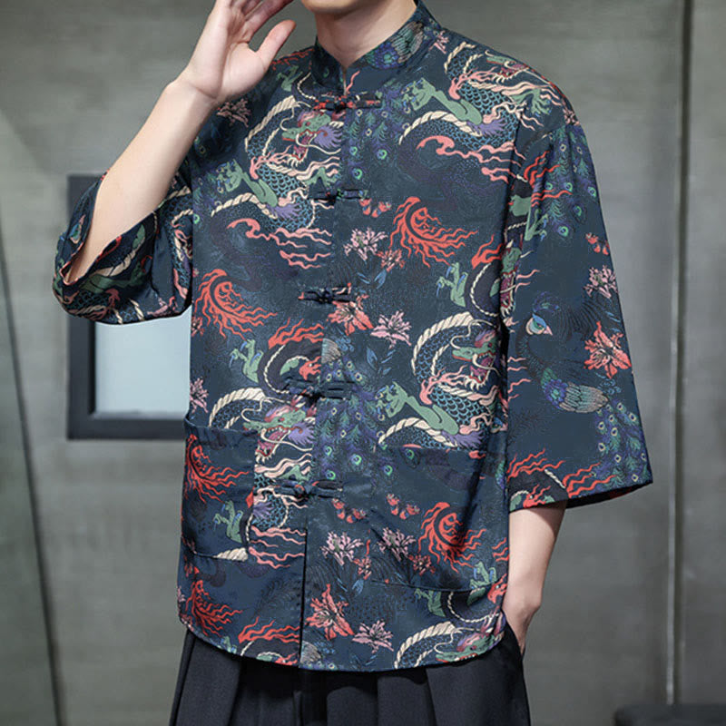 Buddha Stones、春蛙ボタン、龍山花柄、七分袖唐装メンズシャツ（ポケット付き） - image 27
