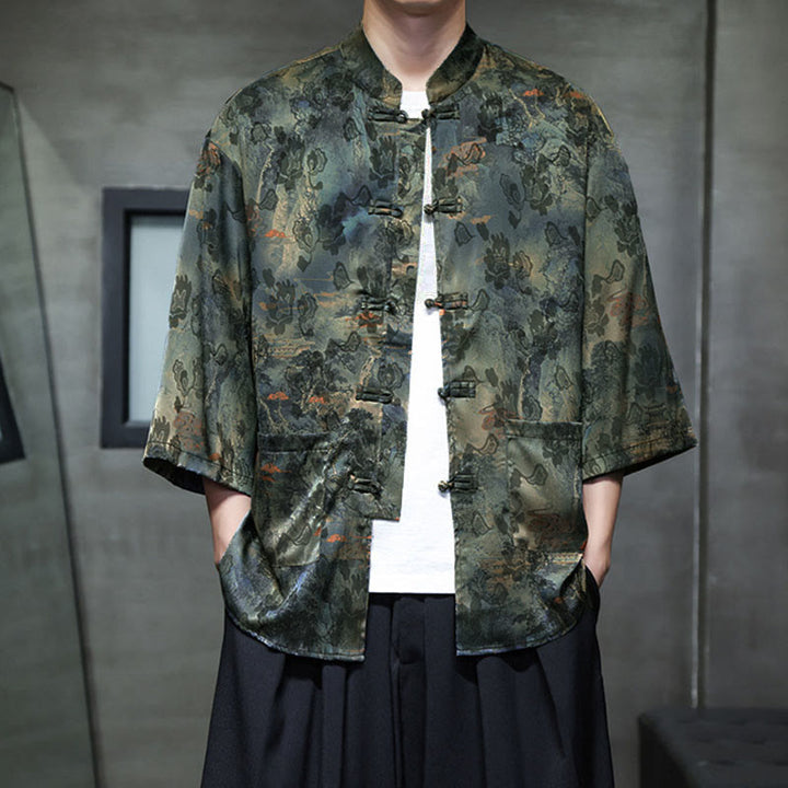 Buddha Stones、春蛙ボタン、龍山花柄、七分袖唐装メンズシャツ（ポケット付き） - image 53