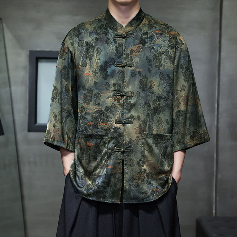 Buddha Stones、春蛙ボタン、龍山花柄、七分袖唐装メンズシャツ（ポケット付き） - image 50