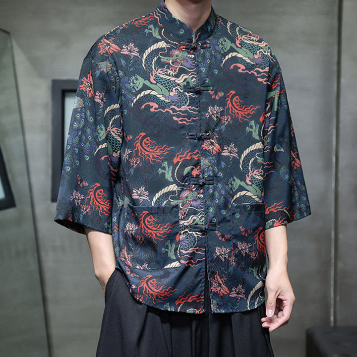 Buddha Stones、春蛙ボタン、龍山花柄、七分袖唐装メンズシャツ（ポケット付き） - image 28