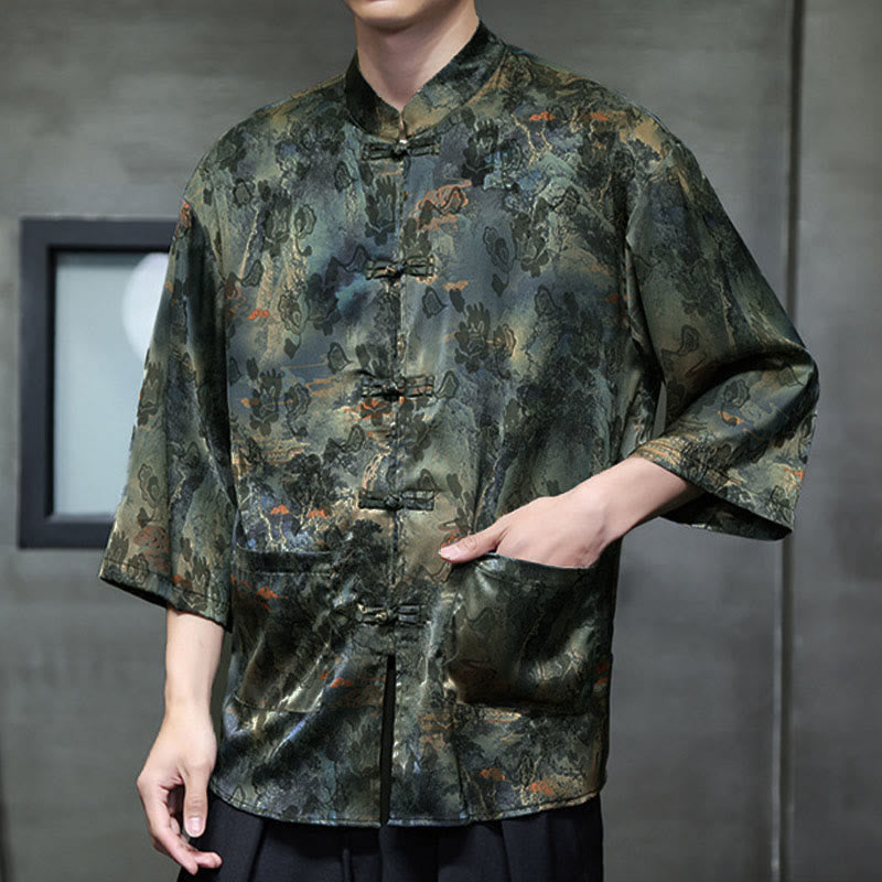 Buddha Stones 春のカエルボタン龍山花七分袖唐装メンズシャツポケット付き - image 54