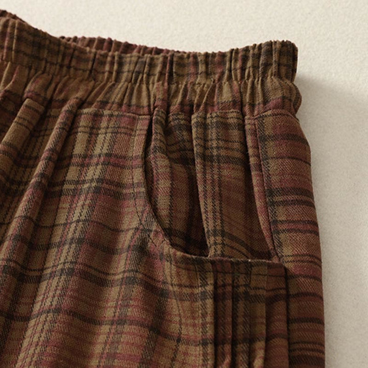 Buddha Stones 春のチェック柄デザイン レディース ハーレムパンツ 7-8丈 ポケット付き - image 2