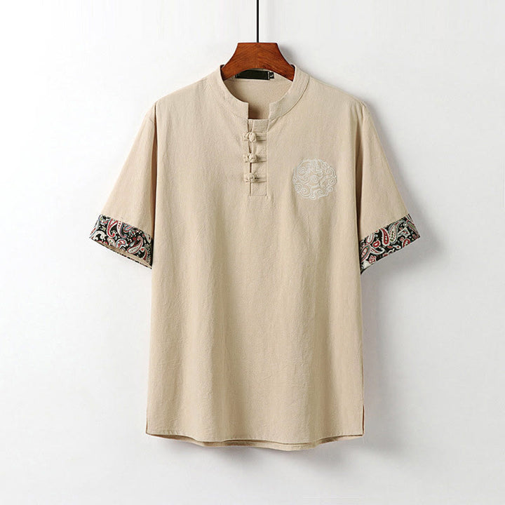 Buddha Stones 夏用カエルボタン 吉兆雲 刺繍デザイン 半袖 コットンリネン メンズシャツ - ビスク - US/UK/AU54、 EU64 (9XL) - image 12