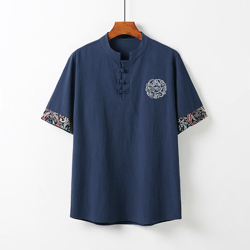 Buddha Stones 夏用カエルボタン 吉兆雲 刺繍デザイン 半袖 コットンリネン メンズシャツ - スチールブルー - US/UK/AU54、 EU64 (9XL) - image 11