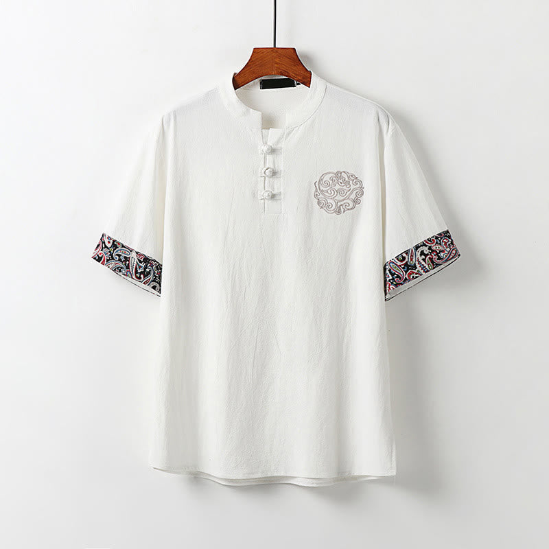 Buddha Stones 夏用カエルボタン 吉兆雲 刺繍デザイン 半袖 コットンリネン メンズシャツ - 白 - US/UK/AU54、 EU64 (9XL) - image 0