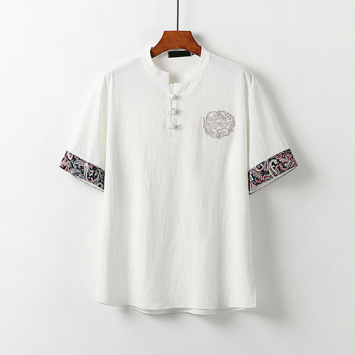 Buddha Stones 夏用カエルボタン 吉兆雲 刺繍デザイン 半袖 コットンリネン メンズシャツ - 白 - US/UK/AU54、 EU64 (9XL) - image 0