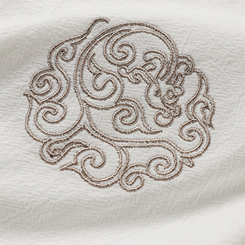 Buddha Stones 夏用カエルボタン 吉兆雲 刺繍デザイン 半袖 コットンリネン メンズシャツ - image 4