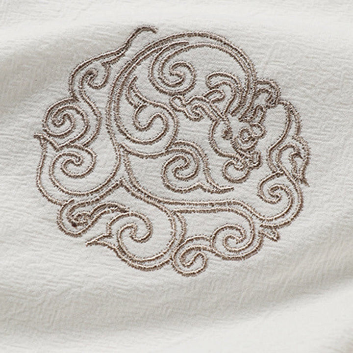 Buddha Stones 夏用カエルボタン 吉兆雲 刺繍デザイン 半袖 コットンリネン メンズシャツ - image 4