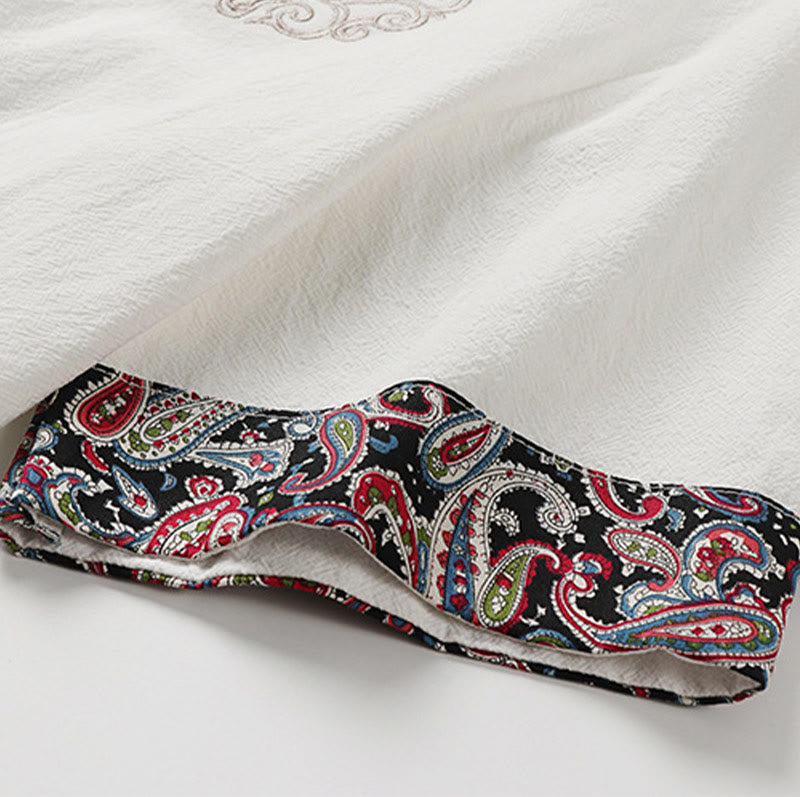 Buddha Stones 夏用カエルボタン 吉兆雲 刺繍デザイン 半袖 コットンリネン メンズシャツ - image 5