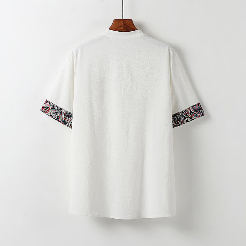 Buddha Stones 夏用カエルボタン 吉兆雲 刺繍デザイン 半袖 コットンリネン メンズシャツ - image 1