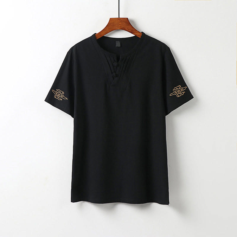 Buddha Stones 夏 Vネック フロッグボタン 半袖 雲 刺繍 コットンリネン メンズシャツ - 黒 - US/UK/AU54、 EU64 (9XL) - image 11