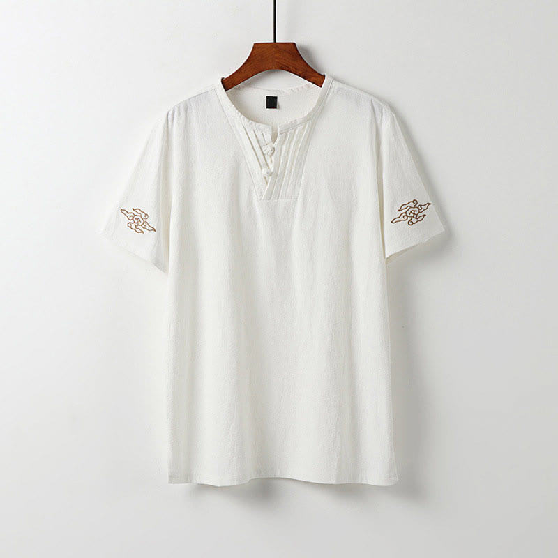 Buddha Stones 夏 Vネック フロッグボタン 半袖 雲 刺繍 コットンリネン メンズシャツ - 白 - US/UK/AU54、 EU64 (9XL) - image 1