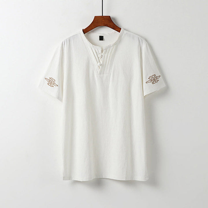 Buddha Stones 夏 Vネック フロッグボタン 半袖 雲 刺繍 コットンリネン メンズシャツ - 白 - US/UK/AU54、 EU64 (9XL) - image 1