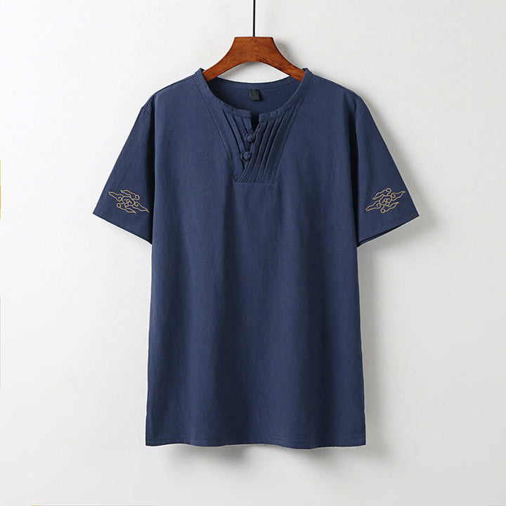 Buddha Stones 夏 Vネック フロッグボタン 半袖 雲 刺繍 コットンリネン メンズシャツ - スチールブルー - US/UK/AU54、 EU64 (9XL) - image 0