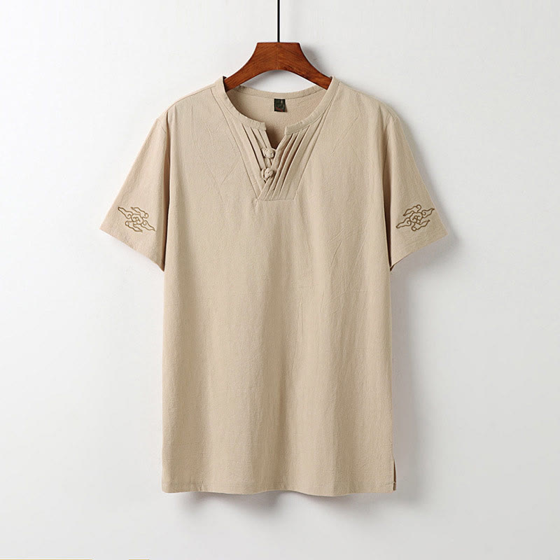 Buddha Stones 夏 Vネック フロッグボタン 半袖 雲 刺繍 コットンリネン メンズシャツ - ビスク - US/UK/AU54、 EU64 (9XL) - image 12