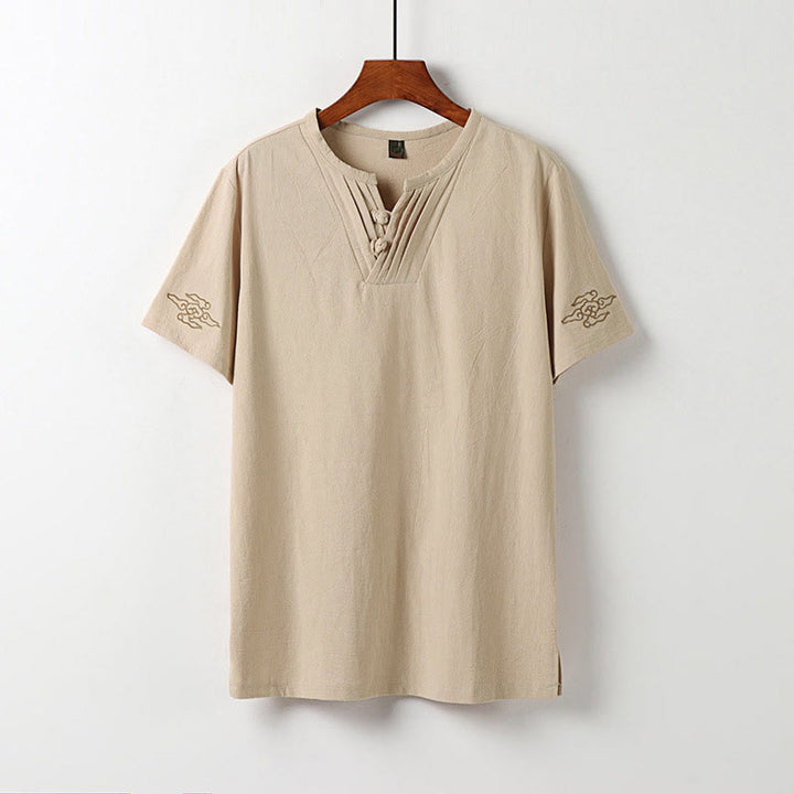Buddha Stones 夏 Vネック フロッグボタン 半袖 雲 刺繍 コットンリネン メンズシャツ - ビスク - US/UK/AU54、 EU64 (9XL) - image 12